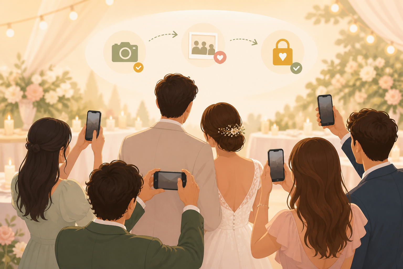 Wedding guests scanning a QR code sign to add candid photos to a private shared collection.