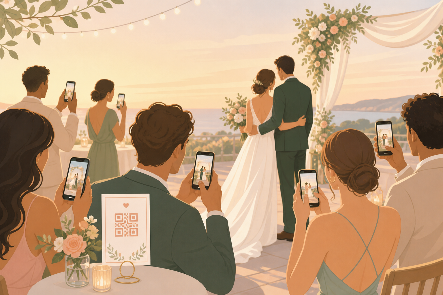 Wedding guests scanning a QR code to add candid photos to a private shared album.