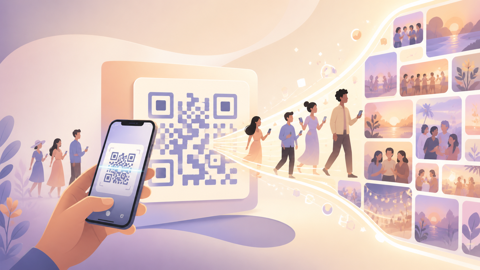 Guest scanning a QR code invite with their phone to join a sync.camera event gallery.