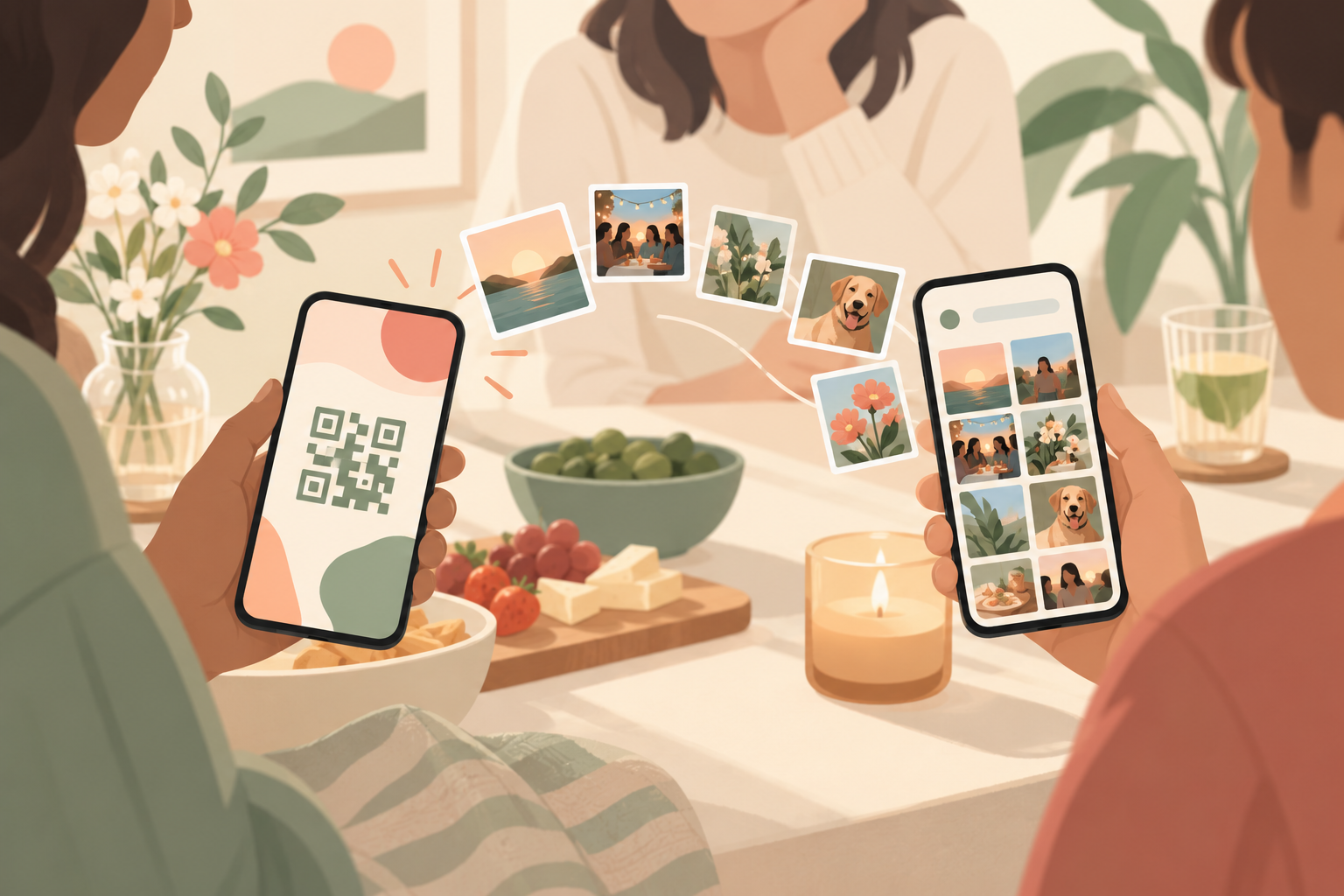 Guests scanning a QR code on a table card with their phones to join a shared photo album.
