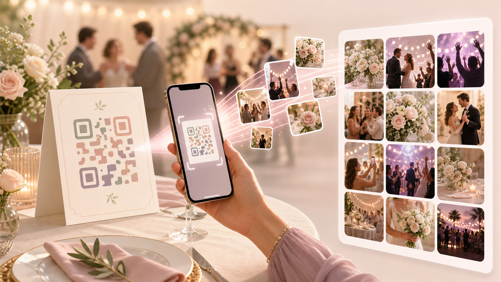 Wedding event QR code invite screen for guests to join a shared photo album.