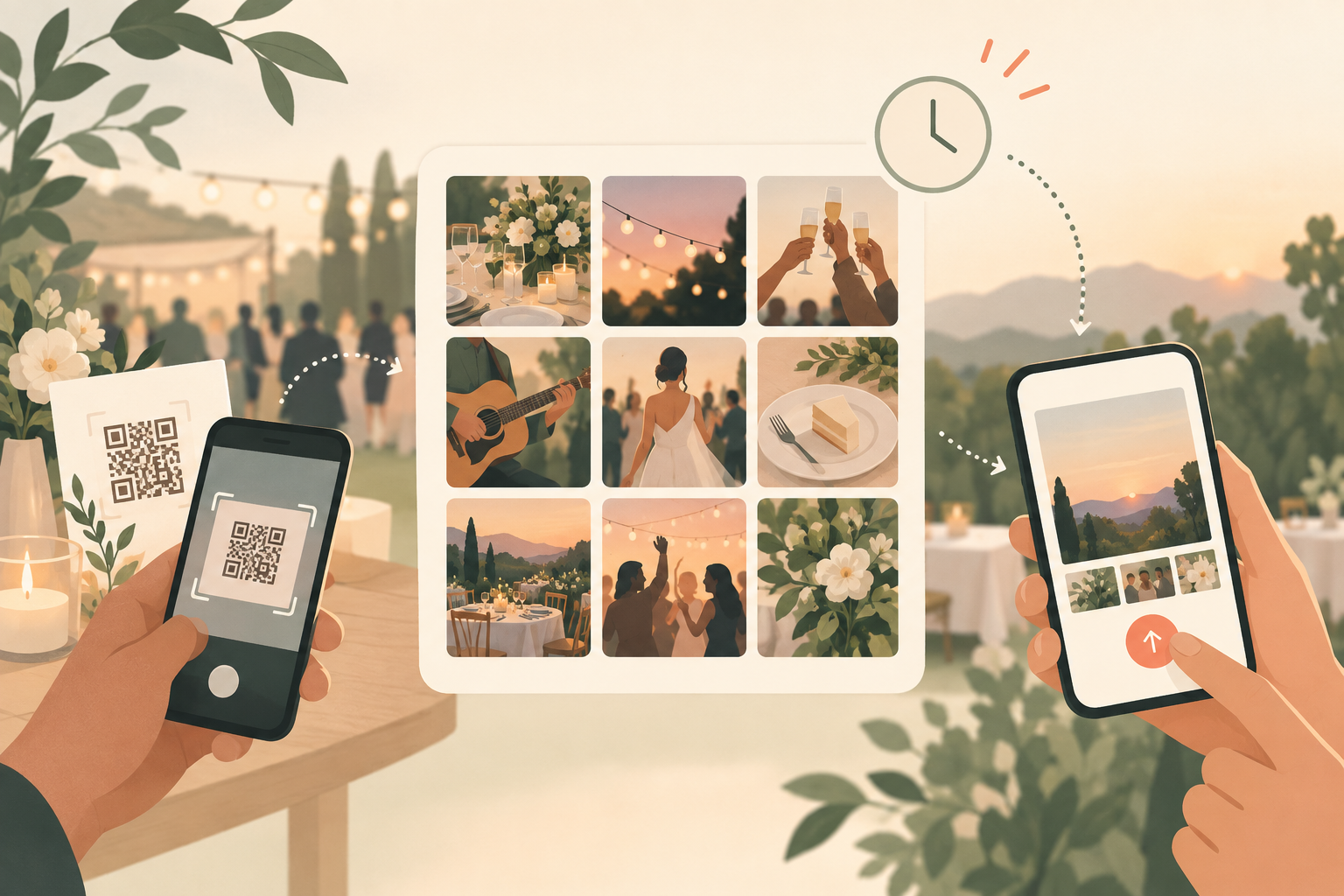 Guests scanning a QR code at an event to join one shared photo gallery on sync.camera.