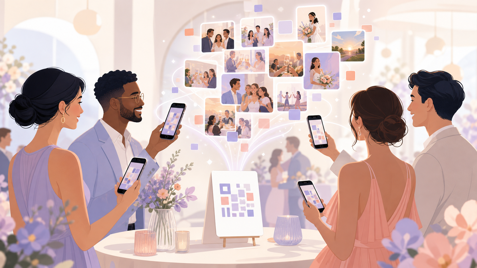 A smartphone camera scanning a printed QR code table card at an event, with a shared photo gallery opening on screen.