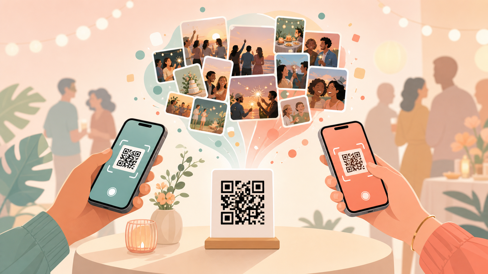 Guest scanning a QR code with their phone to join an event's shared photo gallery on sync.camera.