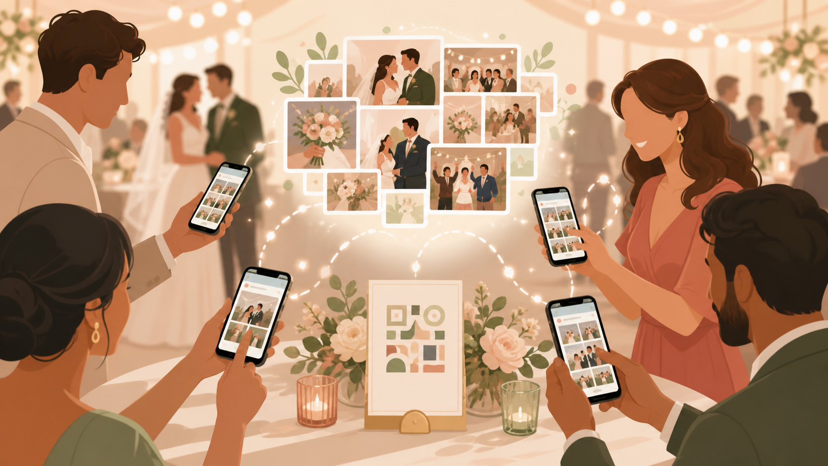 Wedding guests using a QR code to join a shared sync.camera wedding photo event.