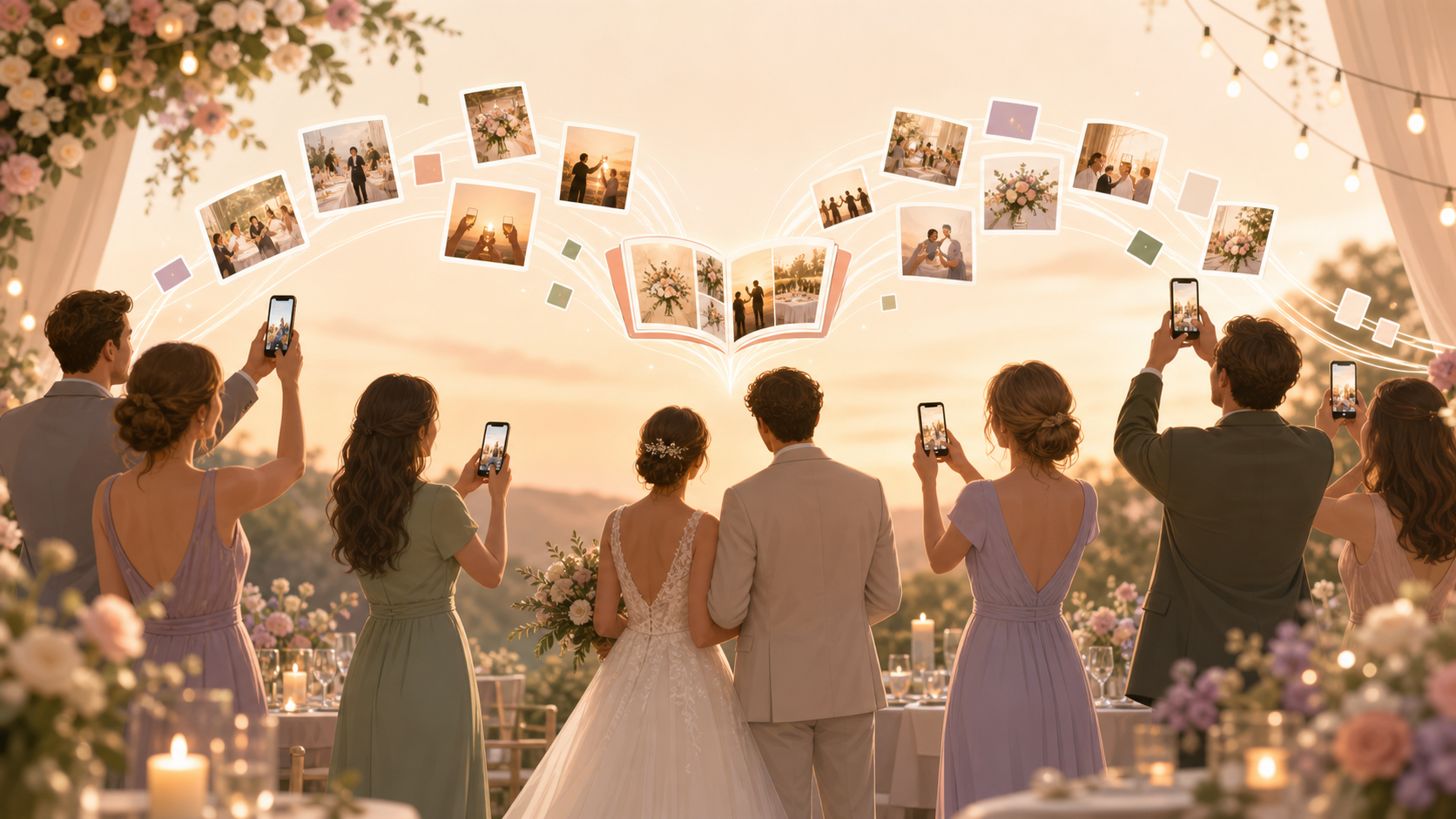 Warm illustration of wedding guests scanning a QR code to add their photos to a shared album.