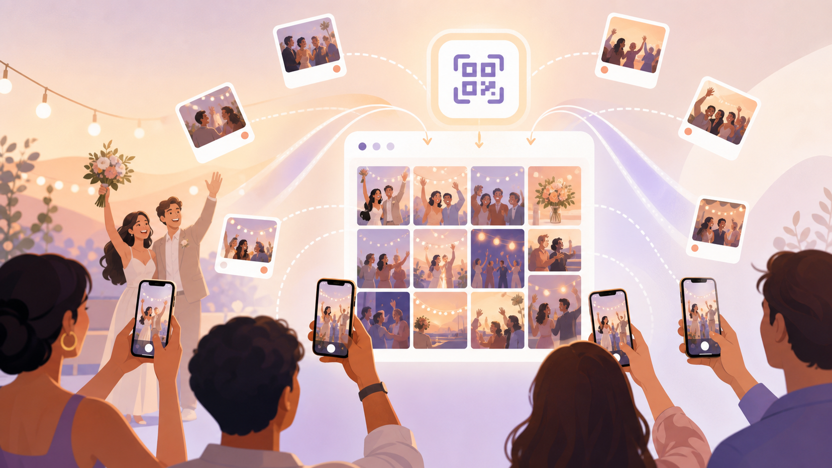 sync.camera shared event gallery showing photos from multiple guests arriving in real time on a phone screen.