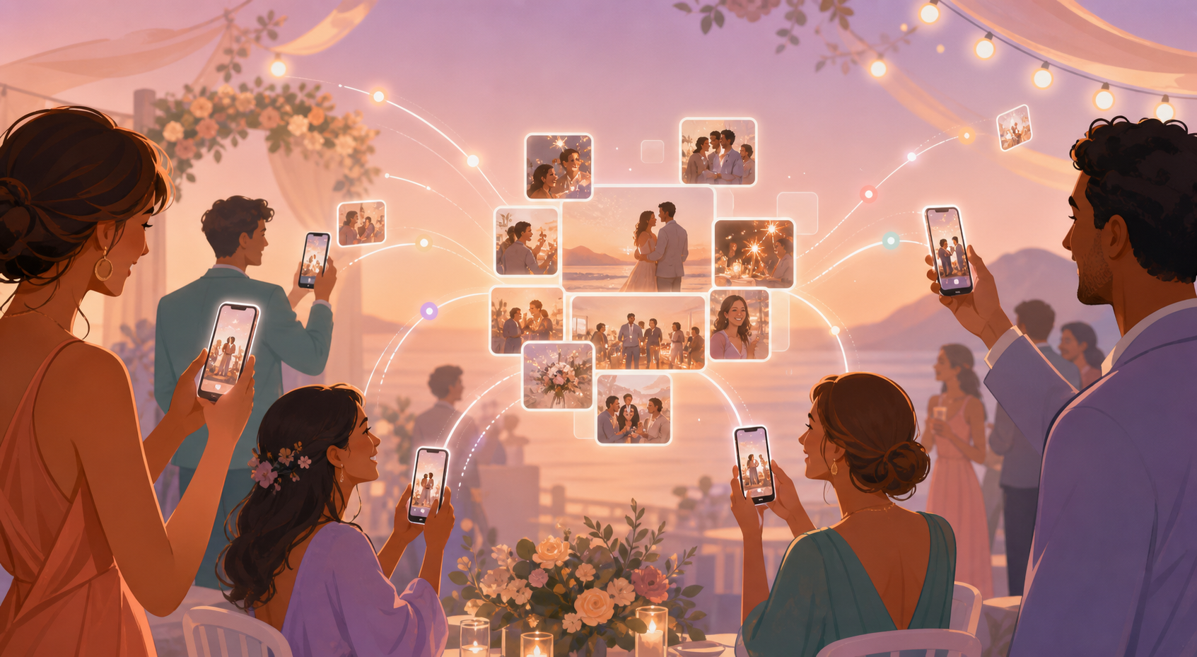 Stylized illustration of guest photos appearing live in a shared event gallery.