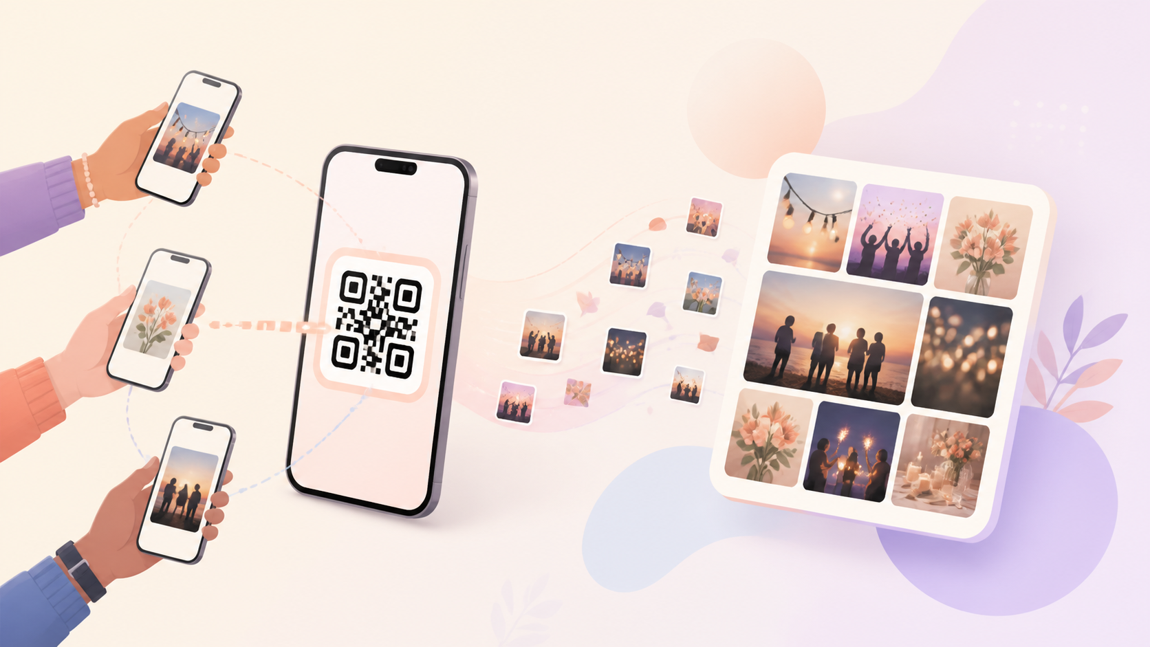 Stylized illustration of guests scanning a QR code to join a sync.camera event.