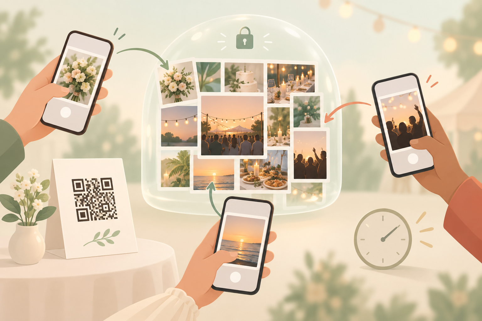 A group of event guests adding photos to one shared album from their phones.
