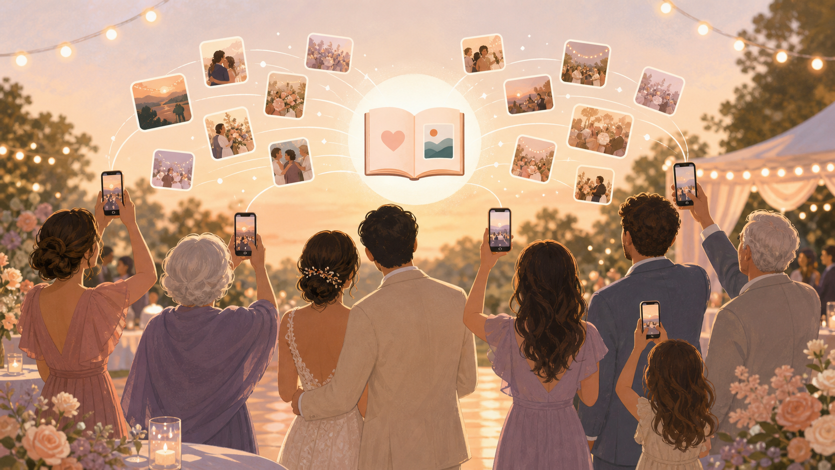 Warm illustration of a wedding couple viewing guest photos in a private shared album.
