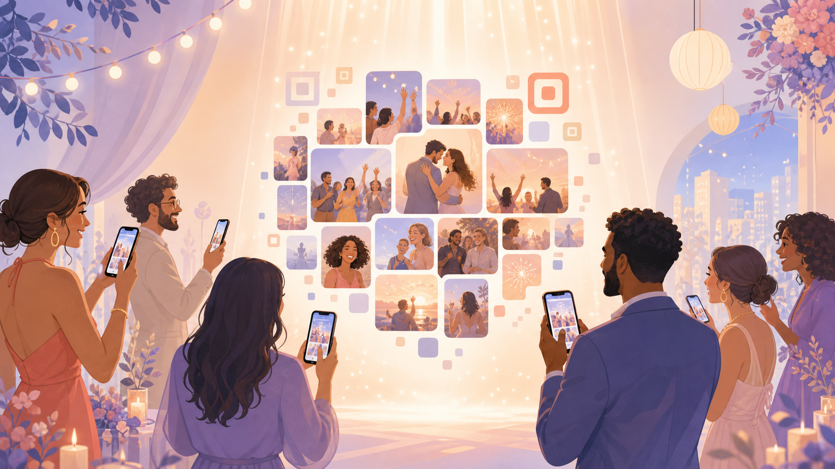 Guests scanning a QR code to join a shared event photo album on a phone screen.