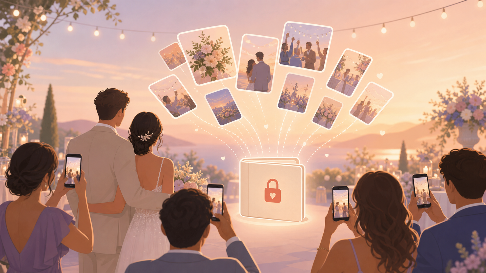 Wedding couple collecting guest photos in a private shared album.