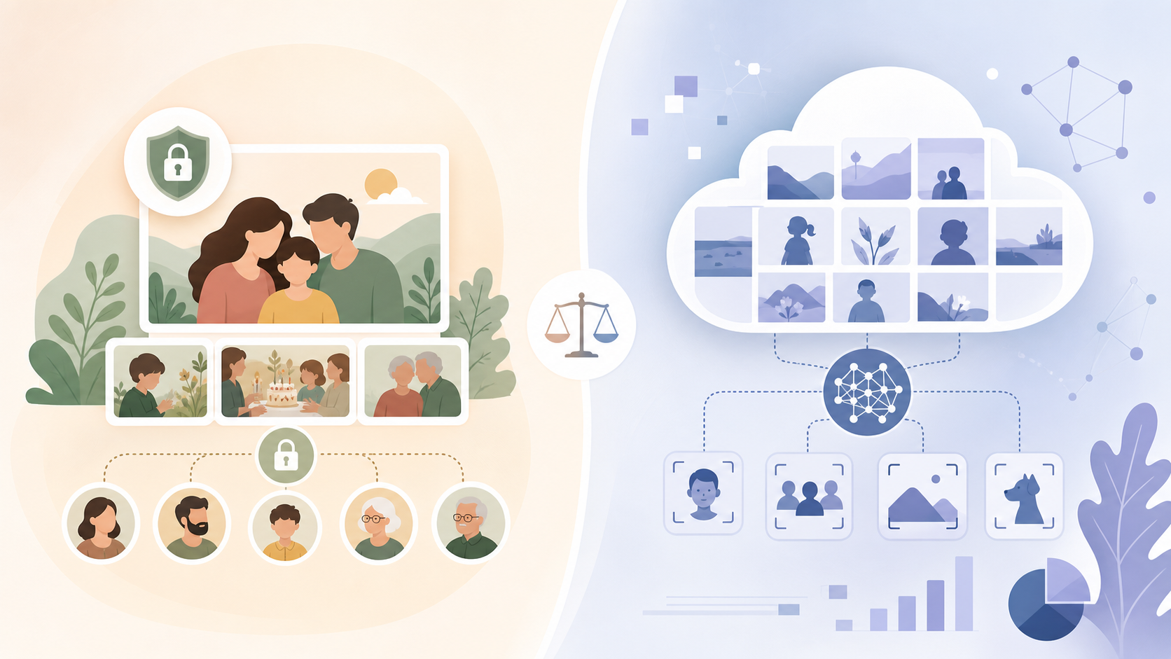 Editorial illustration: side-by-side product comparison of sync.camera and Google Photos interfaces.