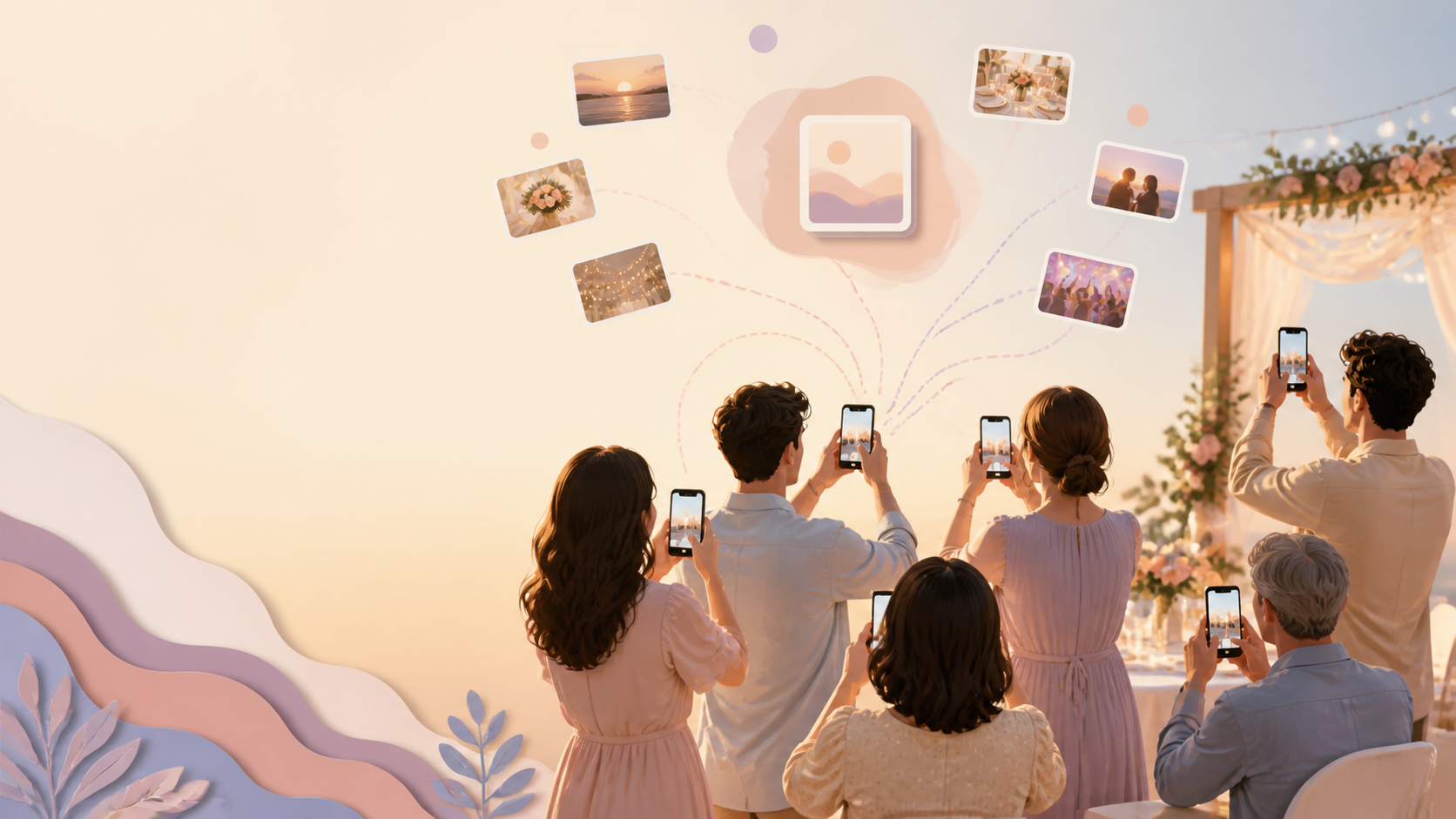 Guests at a private event joining a shared photo album by scanning a QR code on their phones.