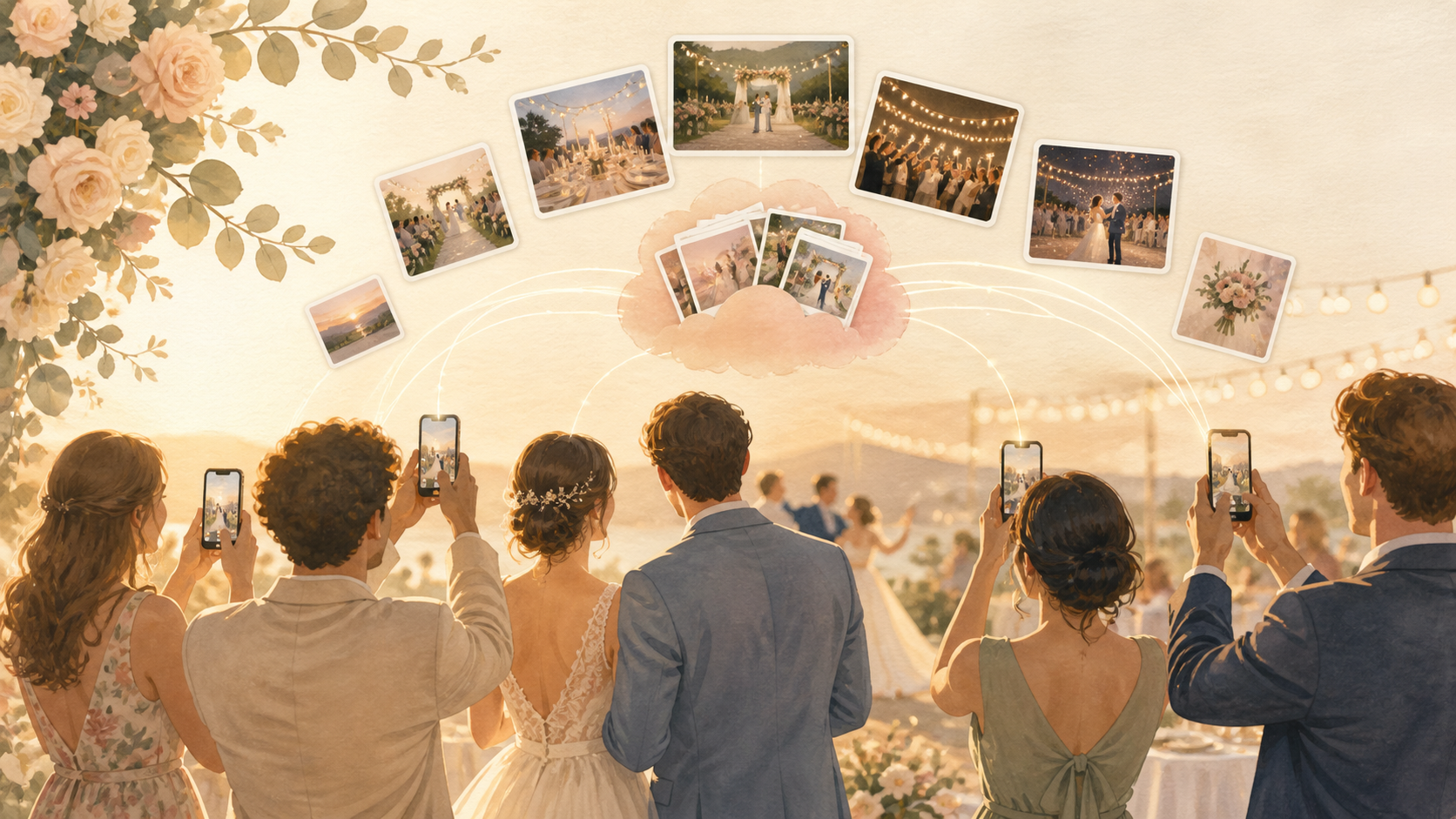 Warm illustration of wedding guests adding candid ceremony and reception photos to a private shared album.