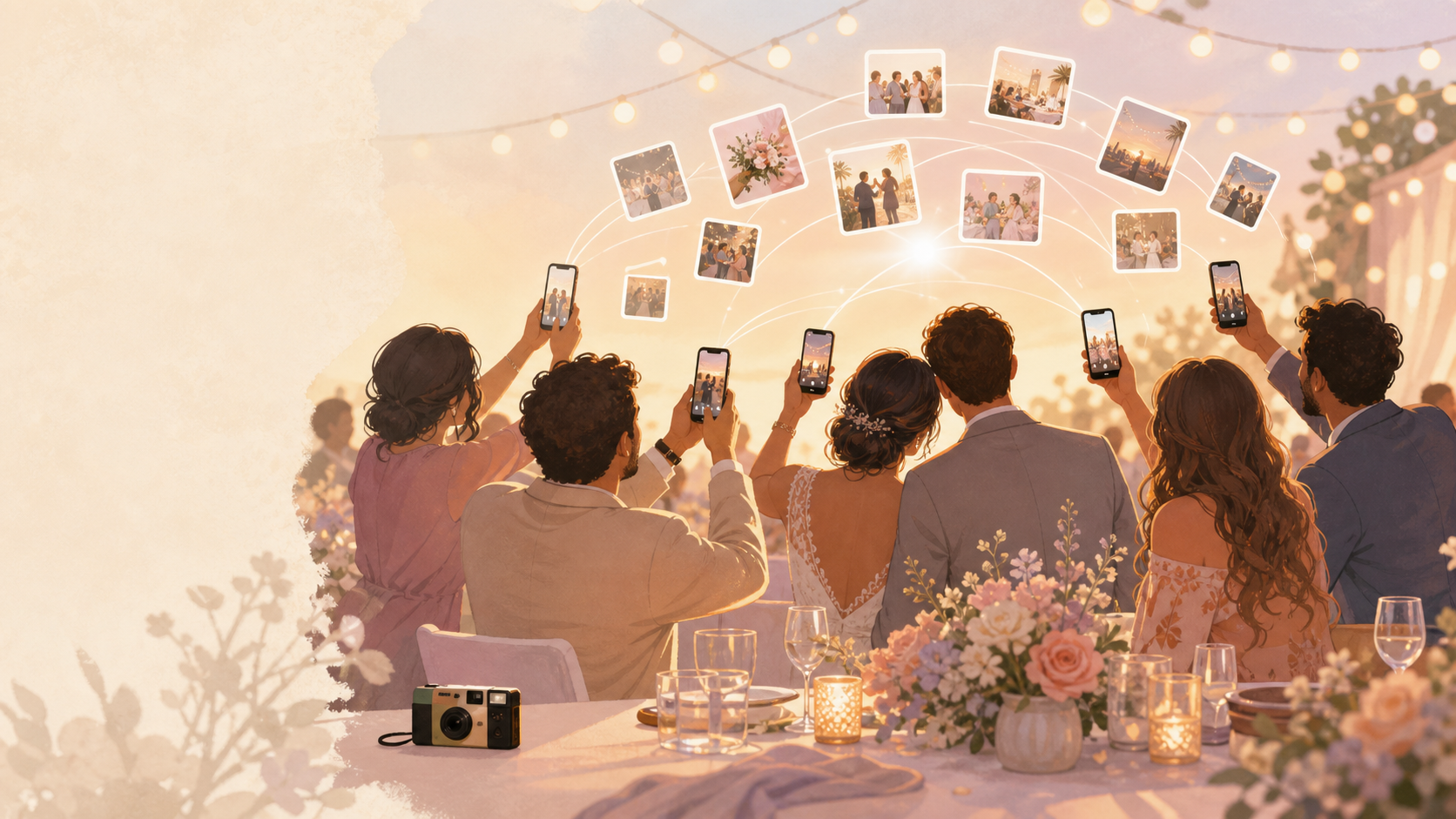 Warm illustration of wedding guests scanning a QR code table tent to share reception photos in real time.