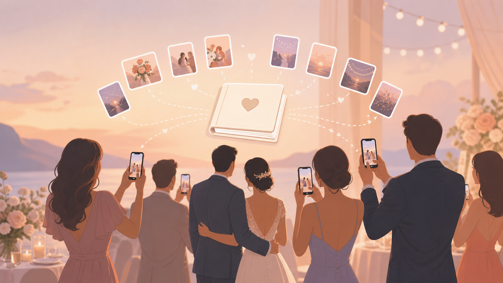 Wedding guests using their phones to add private photos to a shared virtual guest book.