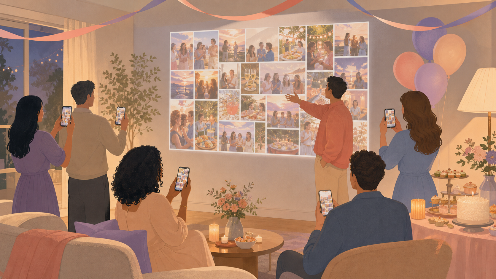 Party guests scanning a QR code and sharing photos to a private album displayed on a screen.