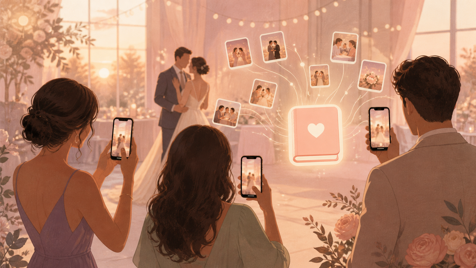 Warm illustration of a wedding couple viewing private candid photos contributed by guests using iPhone and Android devices.