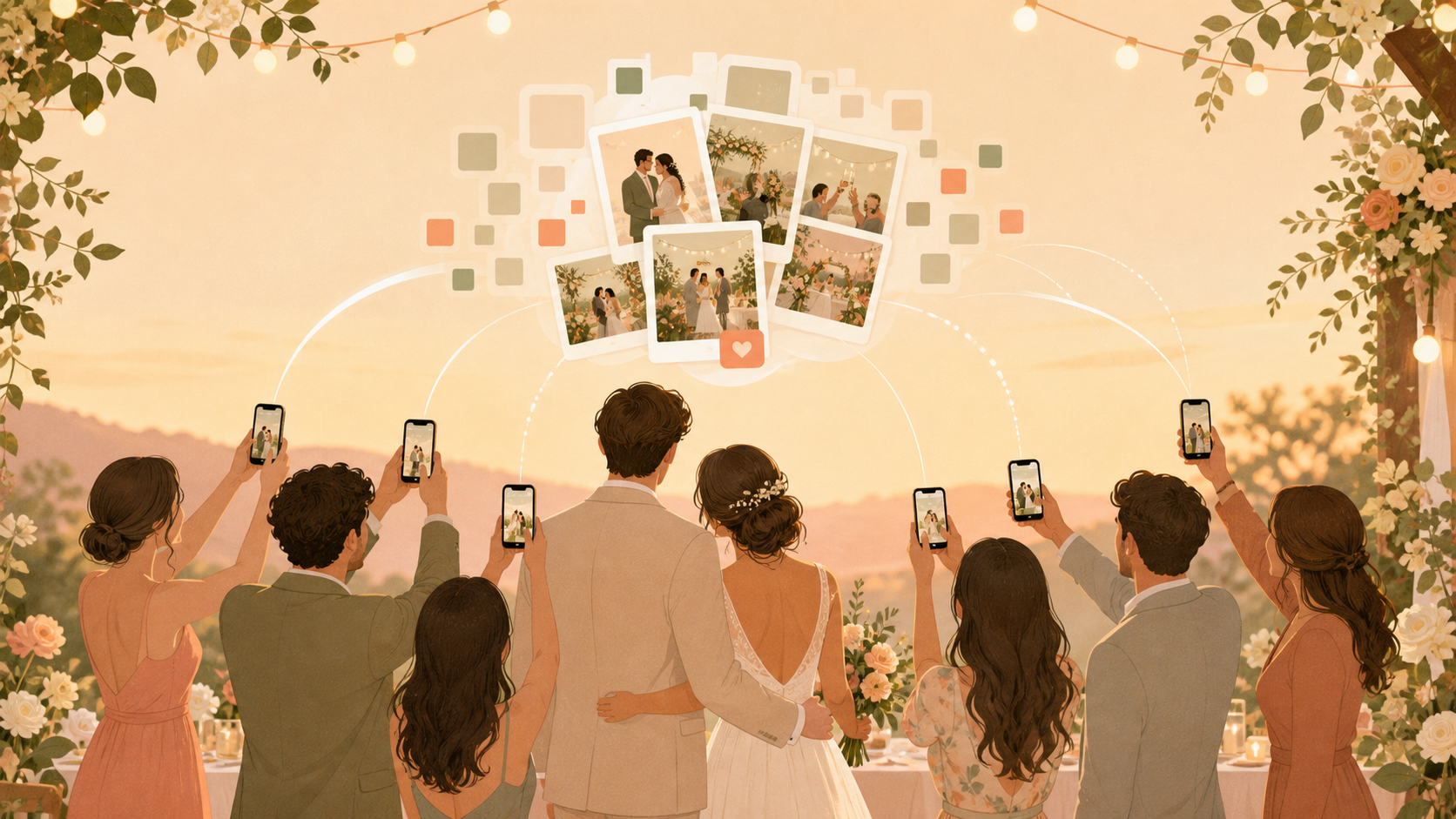 Warm illustration of wedding guests adding photos to one private shared album.