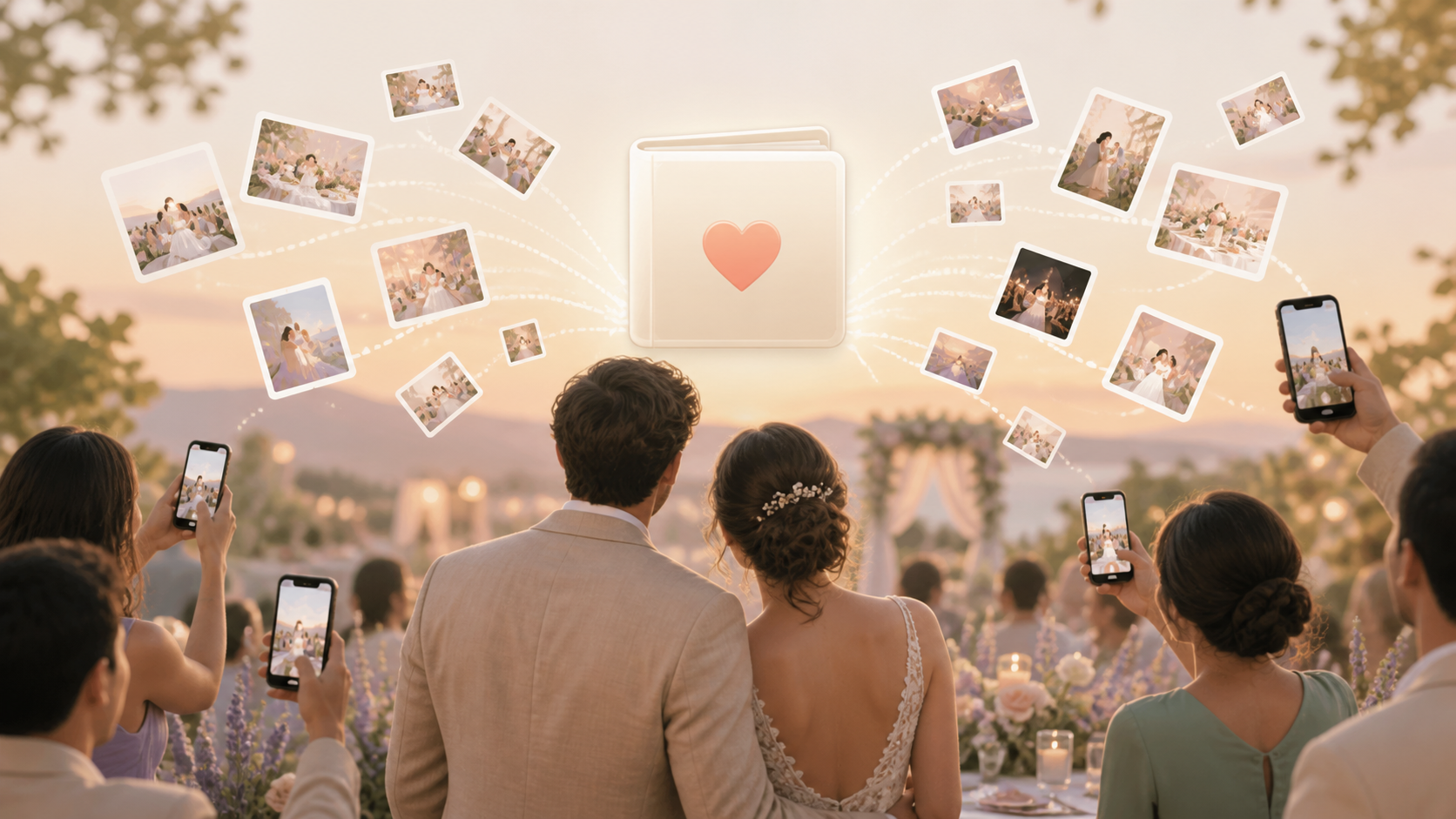 Wedding guests adding candid reception photos to one private digital album.