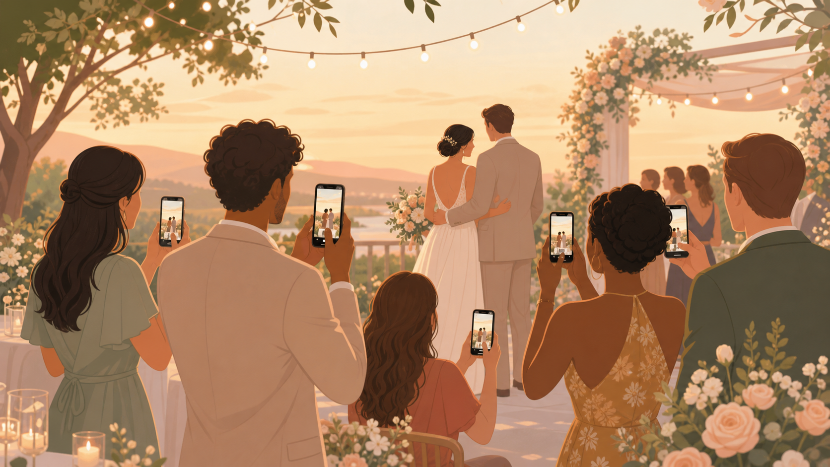 Warm wedding scene with guests adding ceremony and reception photos to one private shared album.