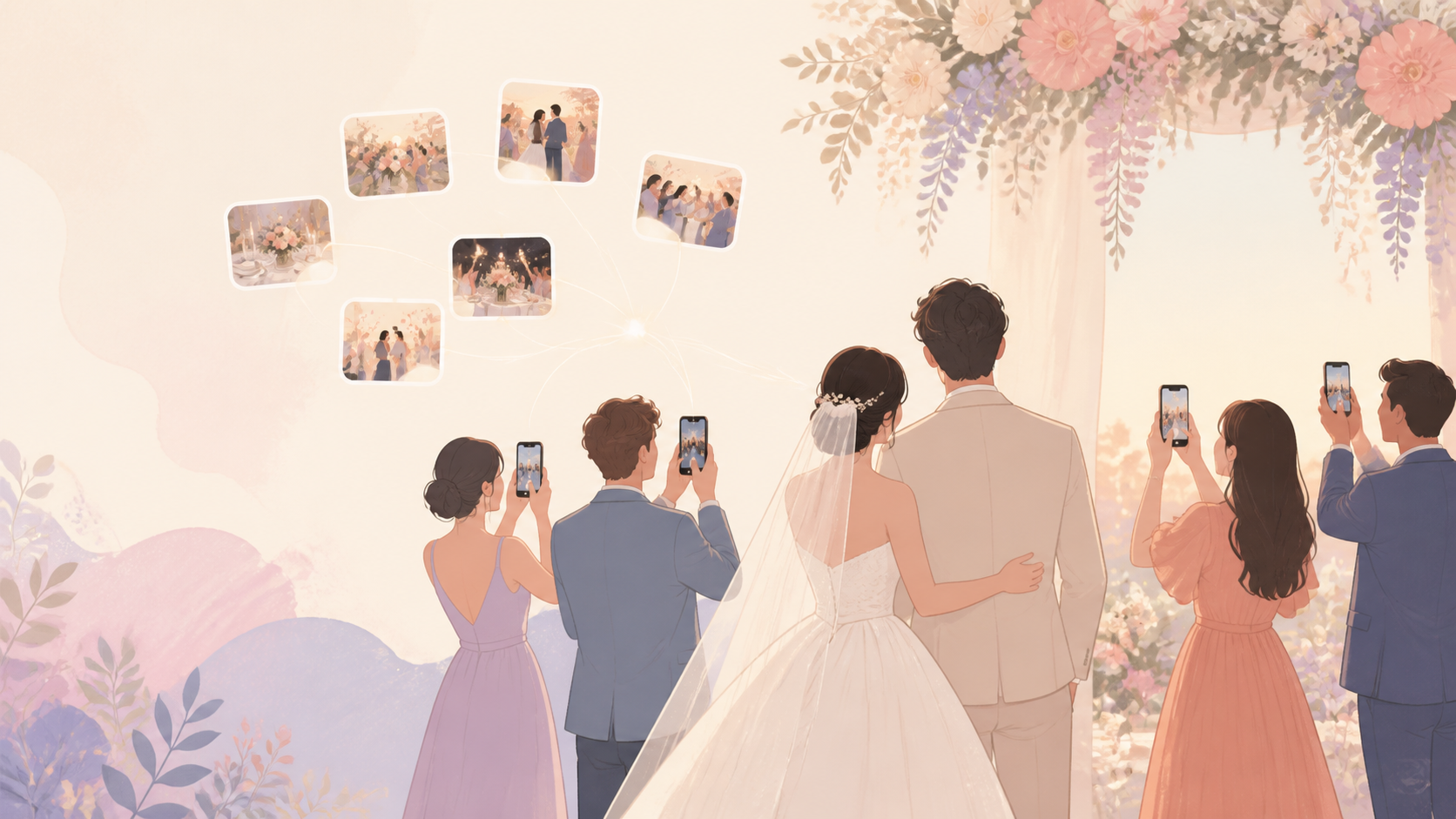 Wedding guests scanning a QR code to add candid reception photos to a private shared album.