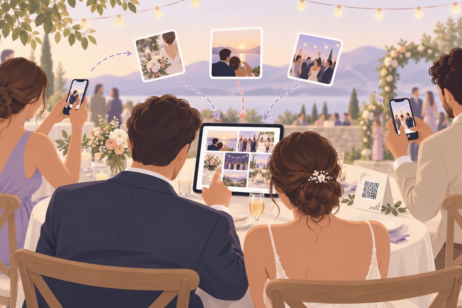 Wedding guests at a reception table scanning a QR code card with their phones to upload photos.
