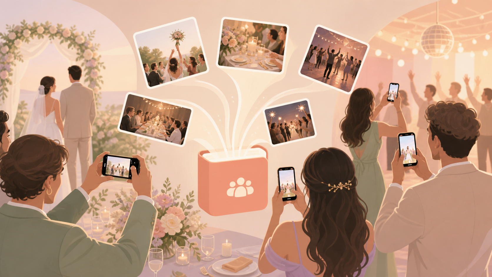 Wedding guests scanning a QR code on a reception table card to add photos to a private shared album.