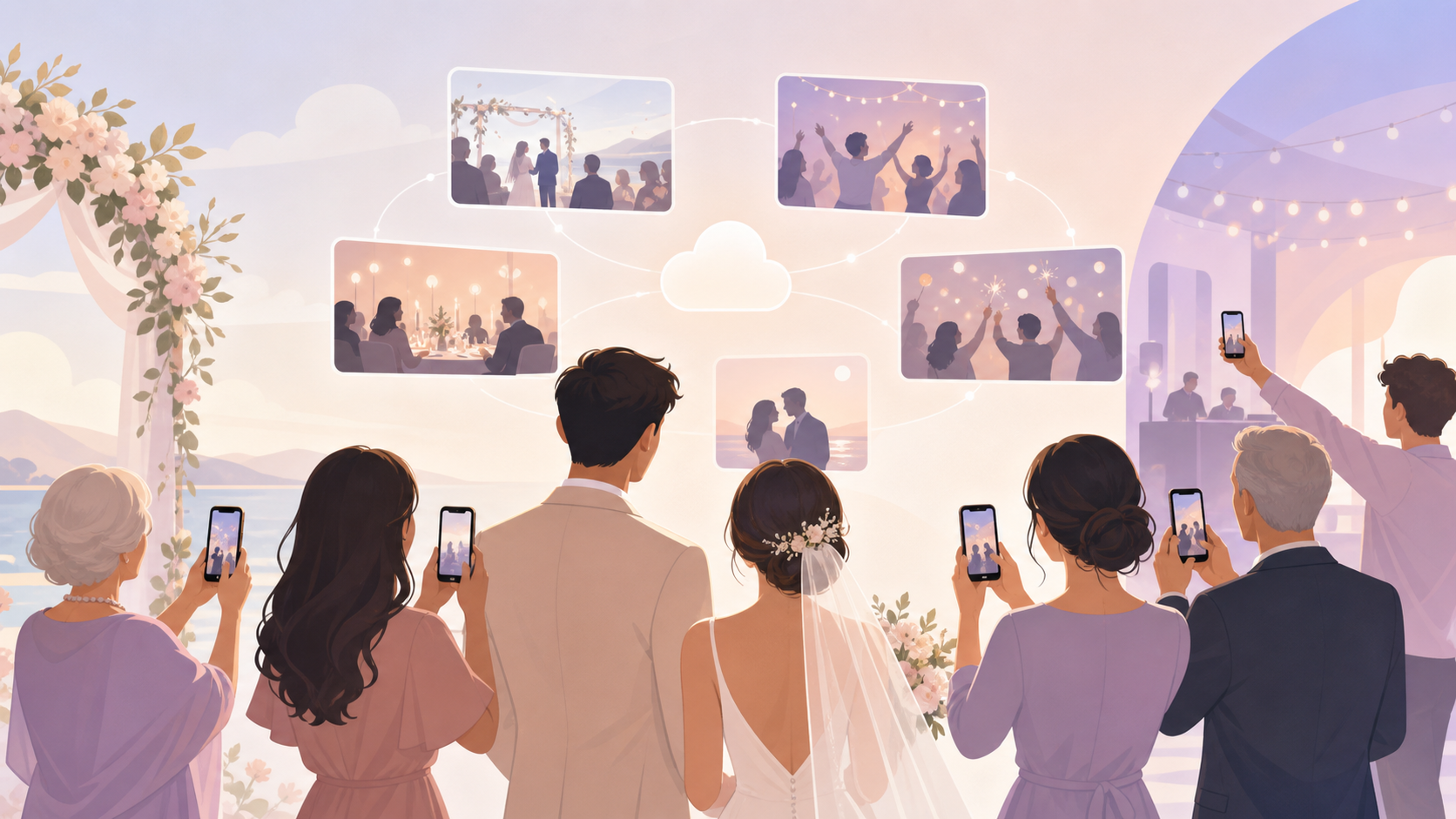 Wedding guests adding candid ceremony and reception photos to one private shared album.