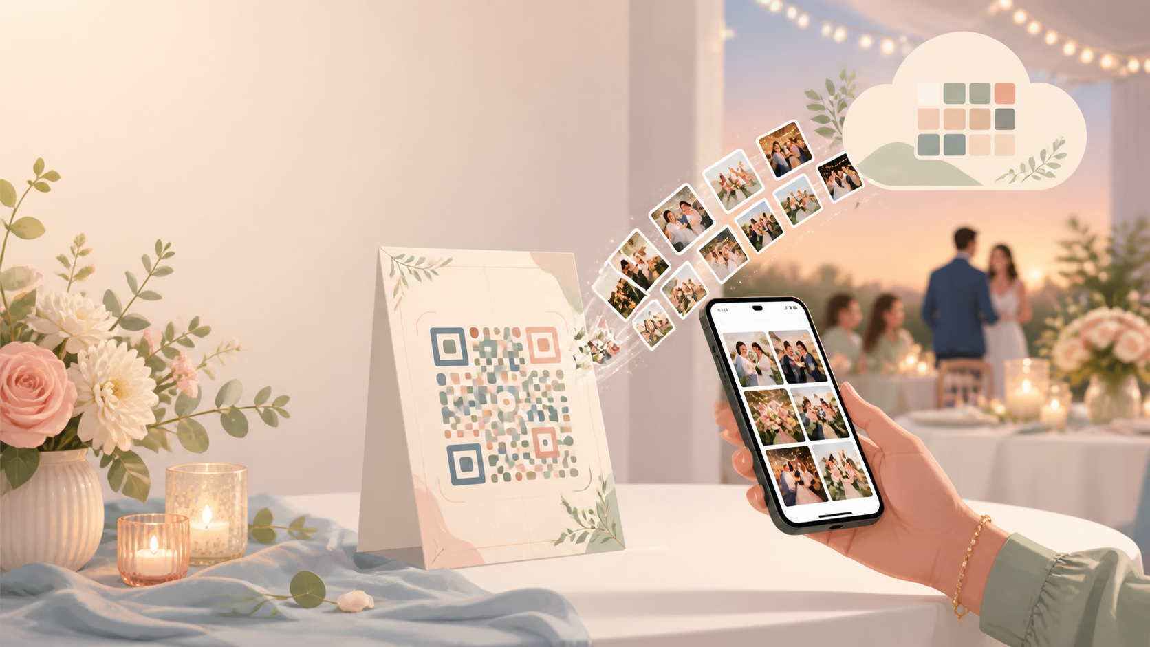 Wedding guests scanning a QR code to join a shared sync.camera event gallery.