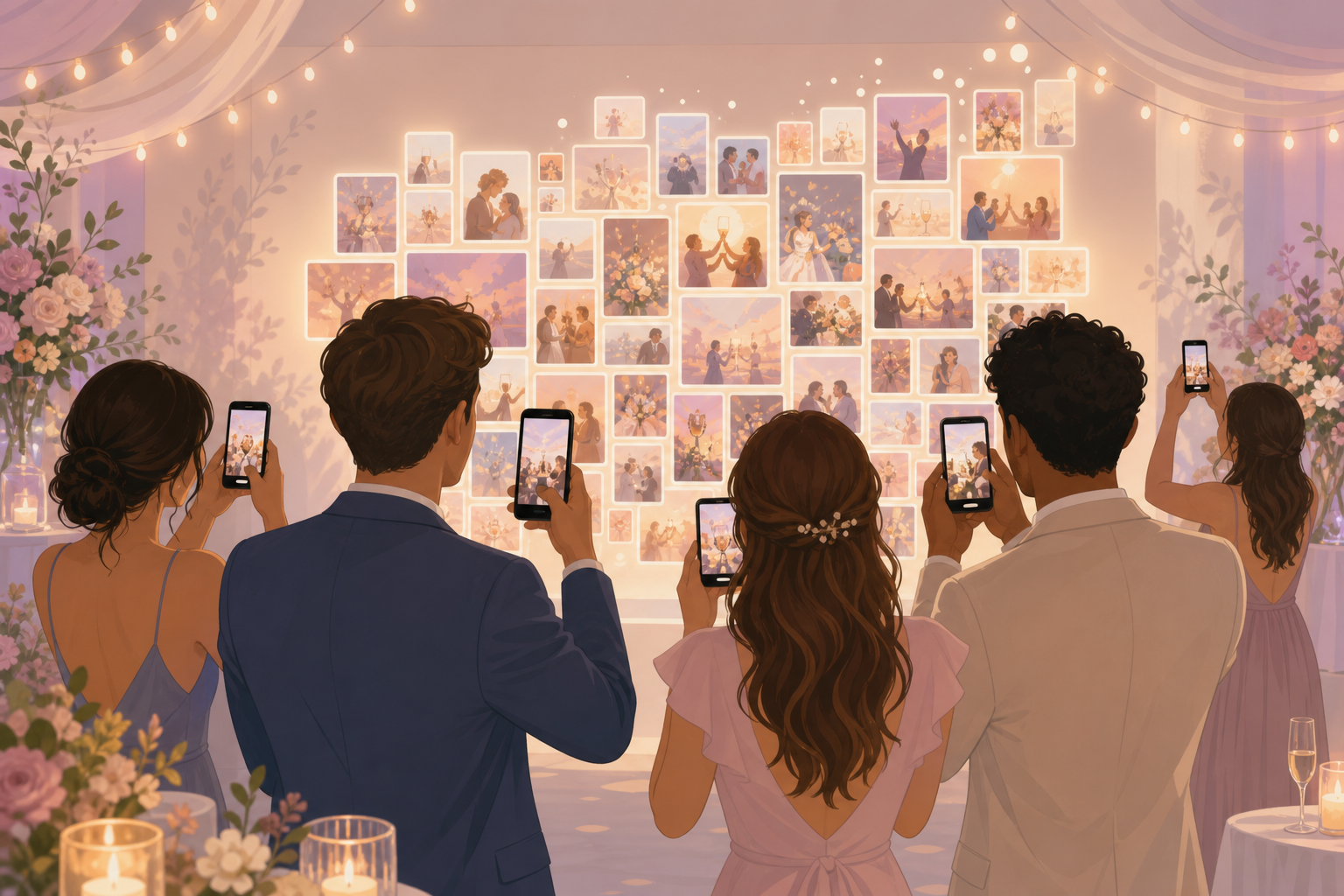 Warm illustration of wedding guests on iPhone and Android adding photos to a live reception photo wall.