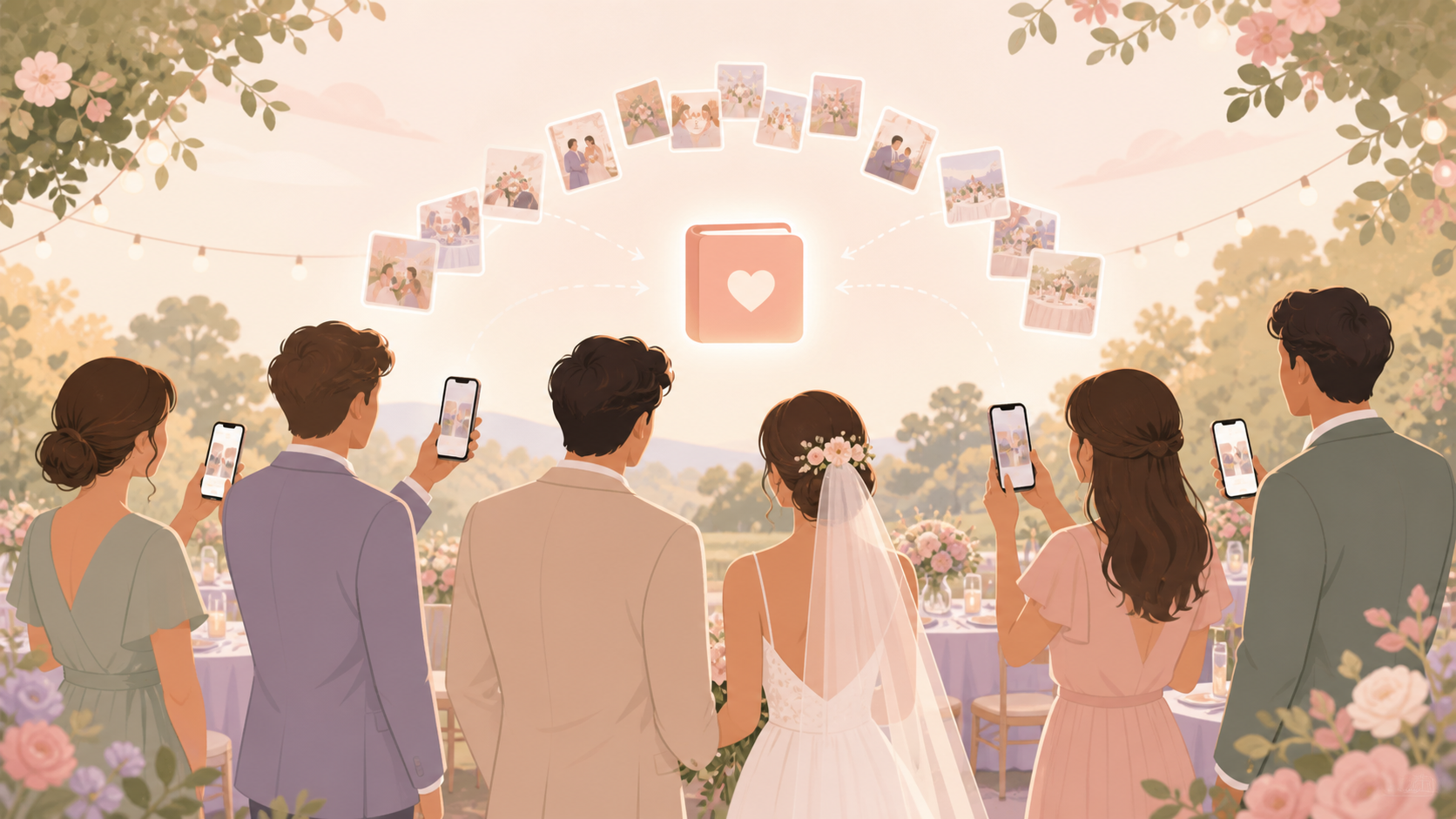 Warm illustration of a couple viewing private wedding photos shared by guests.