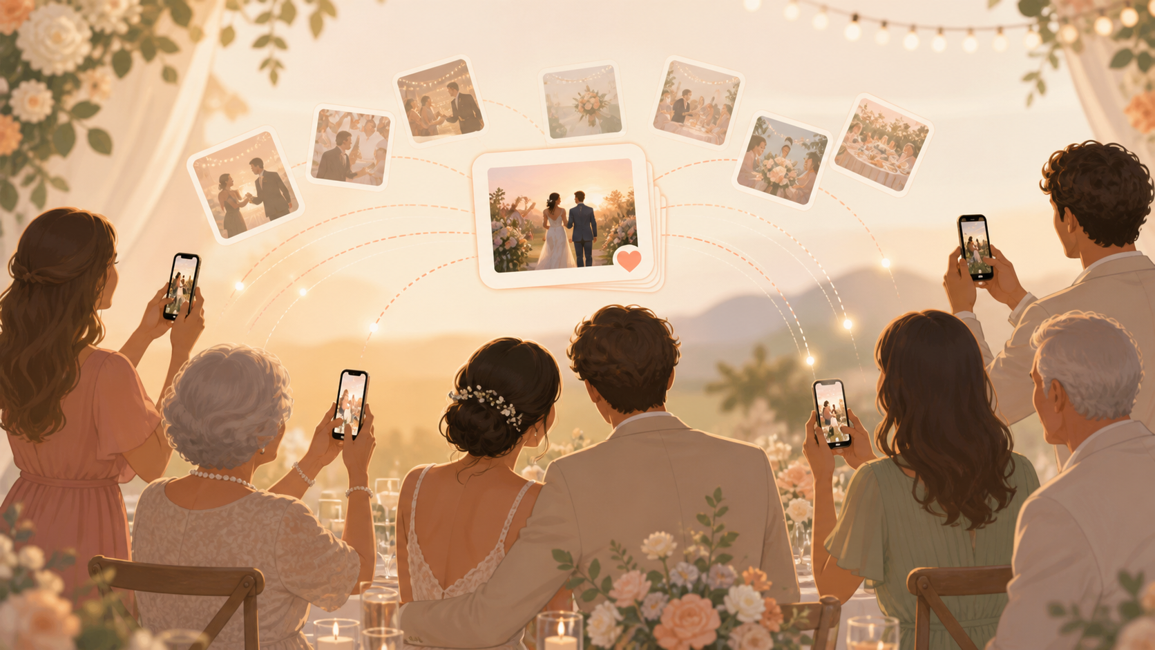 Warm wedding scene with guests capturing candid photos for a shared private album.
