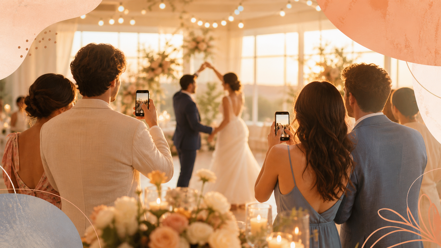 Warm wedding scene with guests capturing candid photos for a private shared album.