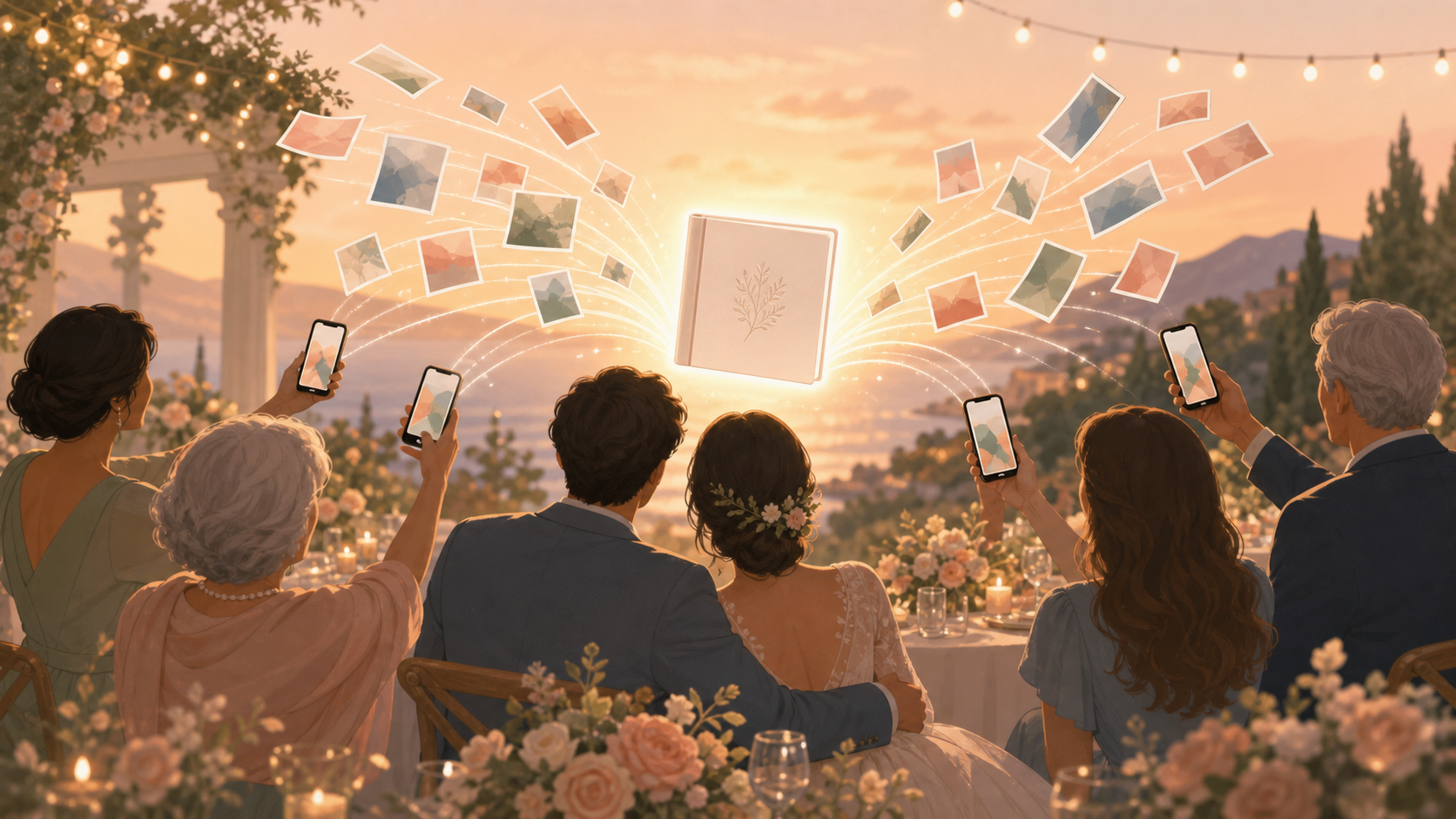 Warm wedding scene with guests using a QR code to add candid photos to a private shared album.