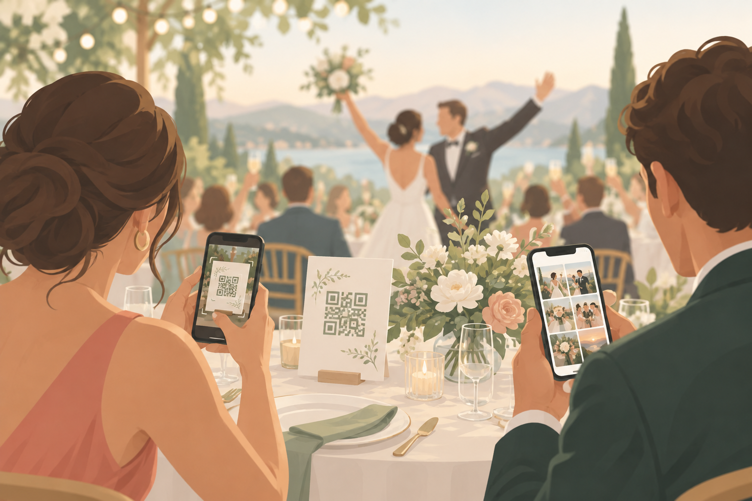 A wedding guest scanning a QR code on a table card with their phone to add photos to the couple's shared album.