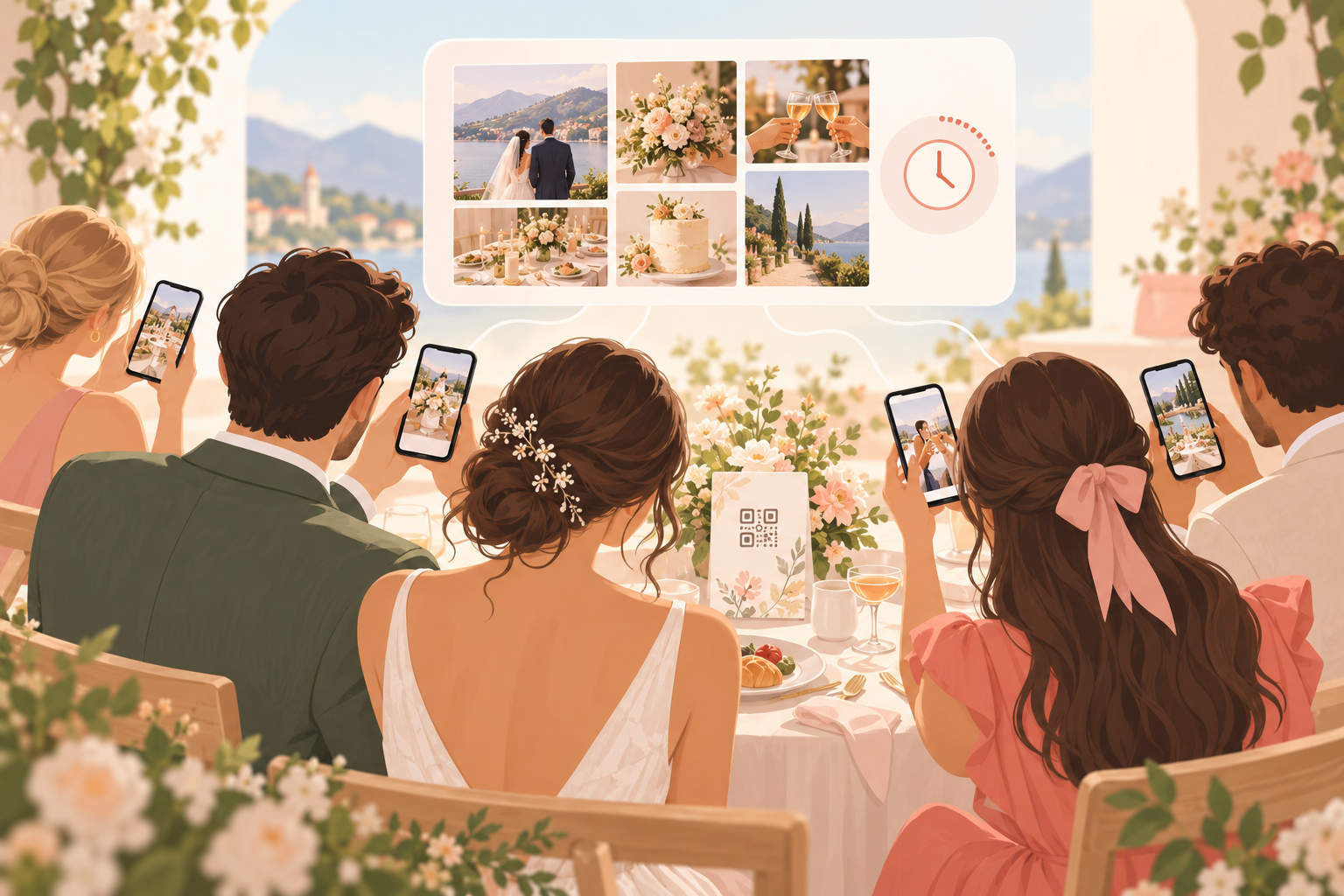 Warm illustration of a couple at their reception scanning a QR code table card while guests upload photos from their phones.